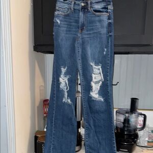 Judy Blue Flare Wide Leg Blue Jeans with Distressed Details